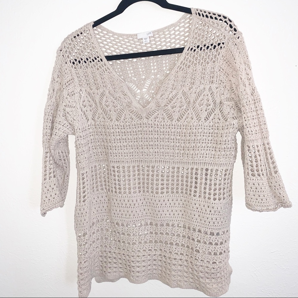 J. Jill V Neck Crochet Cream Cotton Sweater